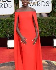 Golden Globe, red dress, Hollywood, actress, fashion, style, hair, short hair, red carpet, award, television, 12 Years a Slave, african, black, beautiful, couture, cape, shoulders, cropped cut, fade, dark skin, media, stylists, fashionista, Lupita Nyongâoâs