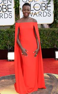 Golden Globe, red dress, Hollywood, actress, fashion, style, hair, short hair, red carpet, award, television, 12 Years a Slave, african, black, beautiful, couture, cape, shoulders, cropped cut, fade, dark skin, media, stylists, fashionista, Lupita Nyong’o’s