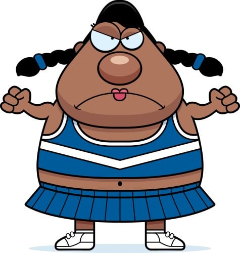 A cartoon illustration of a cheerleader looking angry.