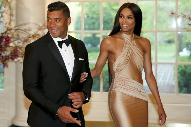 Seattle Seahawks Quarterback Russell Wilson and entertainer Ciara Harris arrive for a state dinner for Japanese Prime Minister Shinzo Abe, Tuesday, April 28, 2015, at the White House in Washington. (AP Photo/Andrew Harnik)