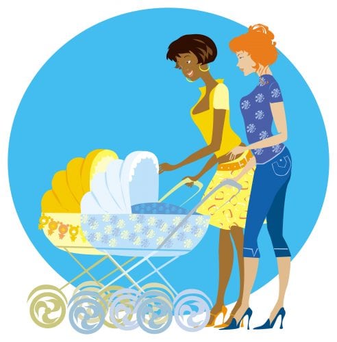 Two mothers caucasian and afroamerican chating