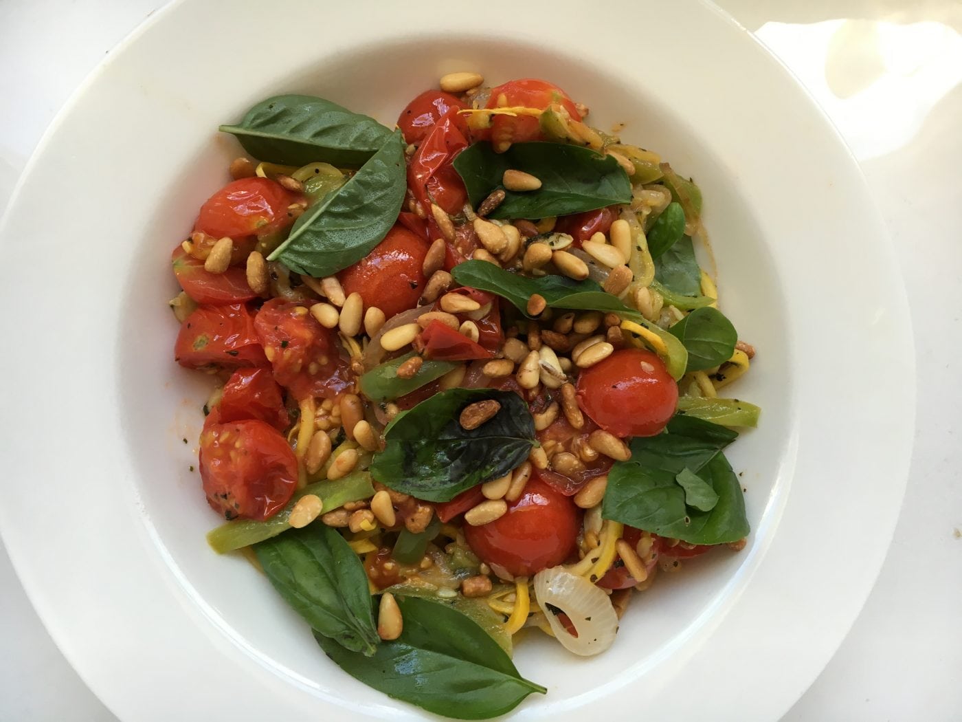 Food to Get âThat Glowâ Spriralized Zucchini with Veggies and Pine Nuts